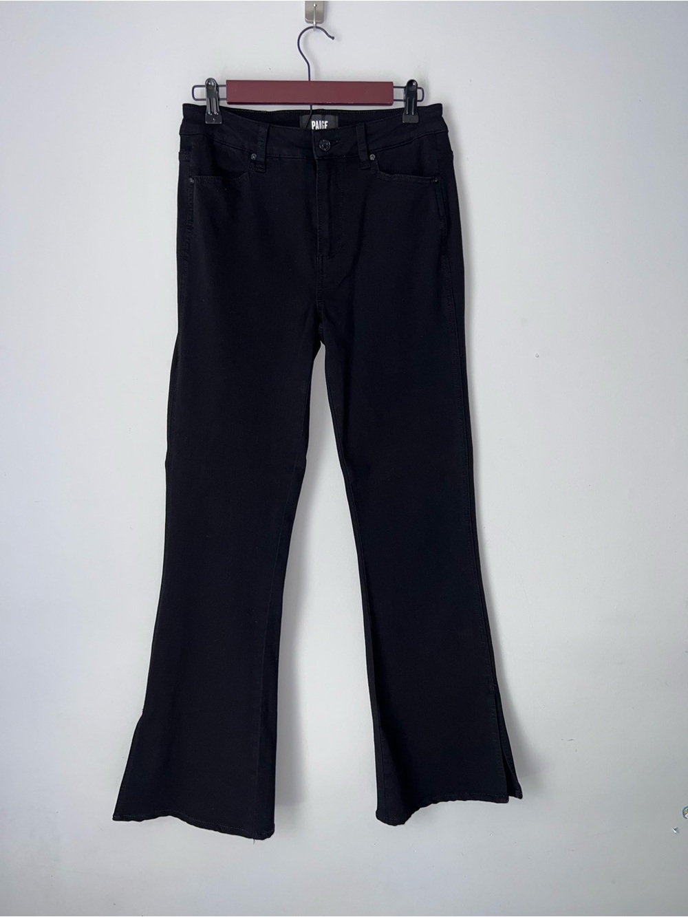 PAIGE Womens 27 Flared Jeans Black Denim High Rise Split Hem Bell Laurel Canyon
